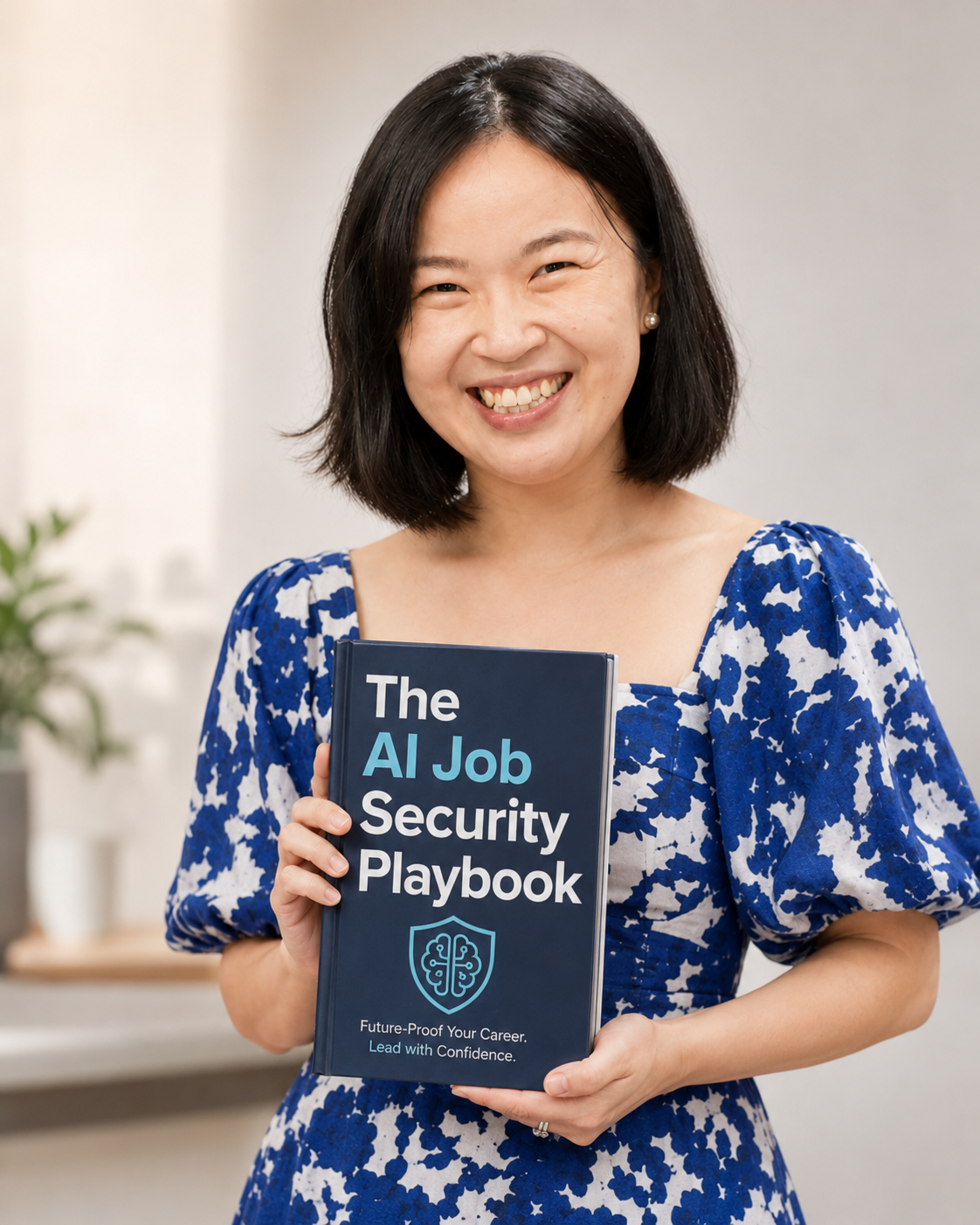 Woman holding The AI Job Security Playbook PDF cover